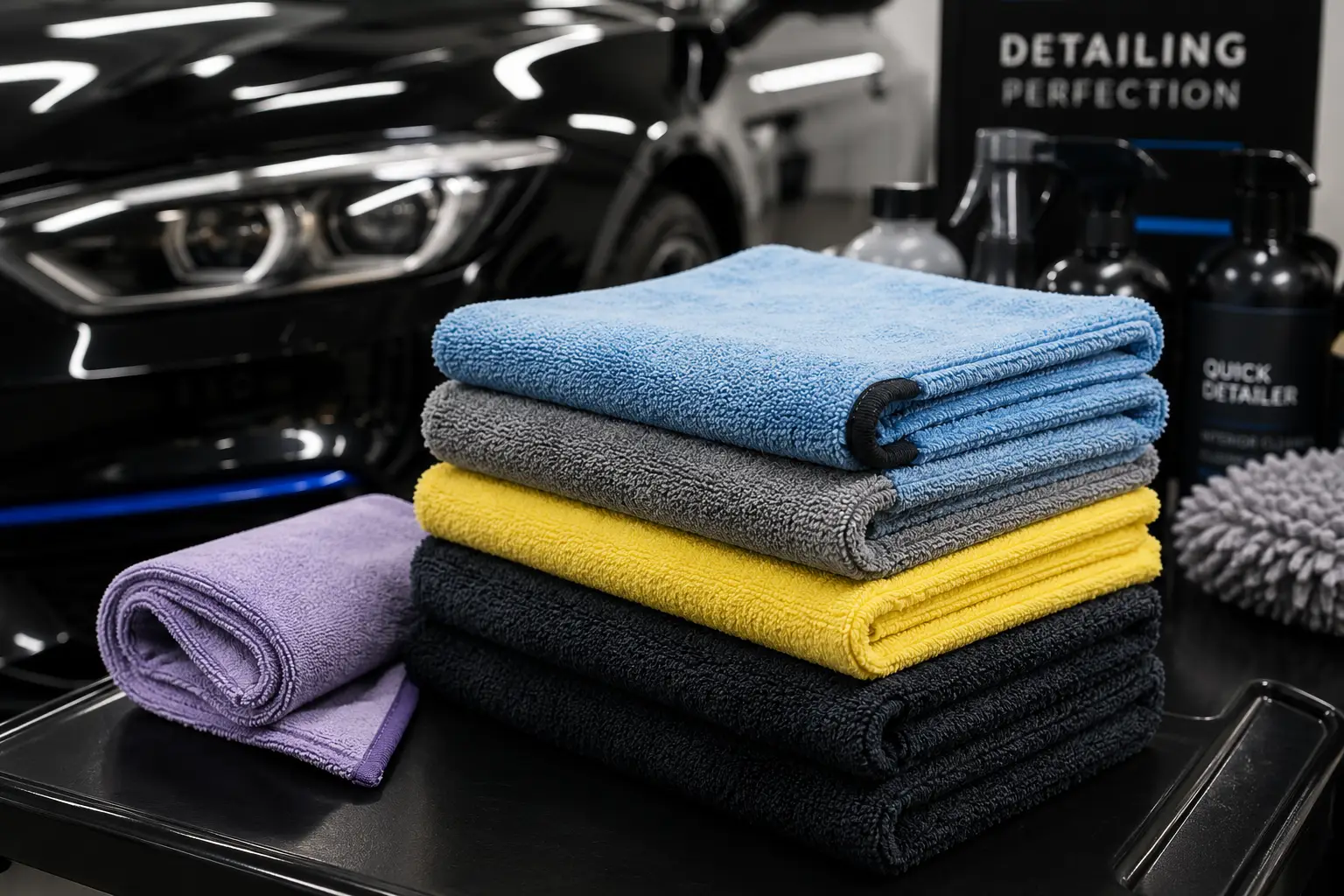 Best microfiber towels for detailing stacked beside a polished car in a professional detailing studio