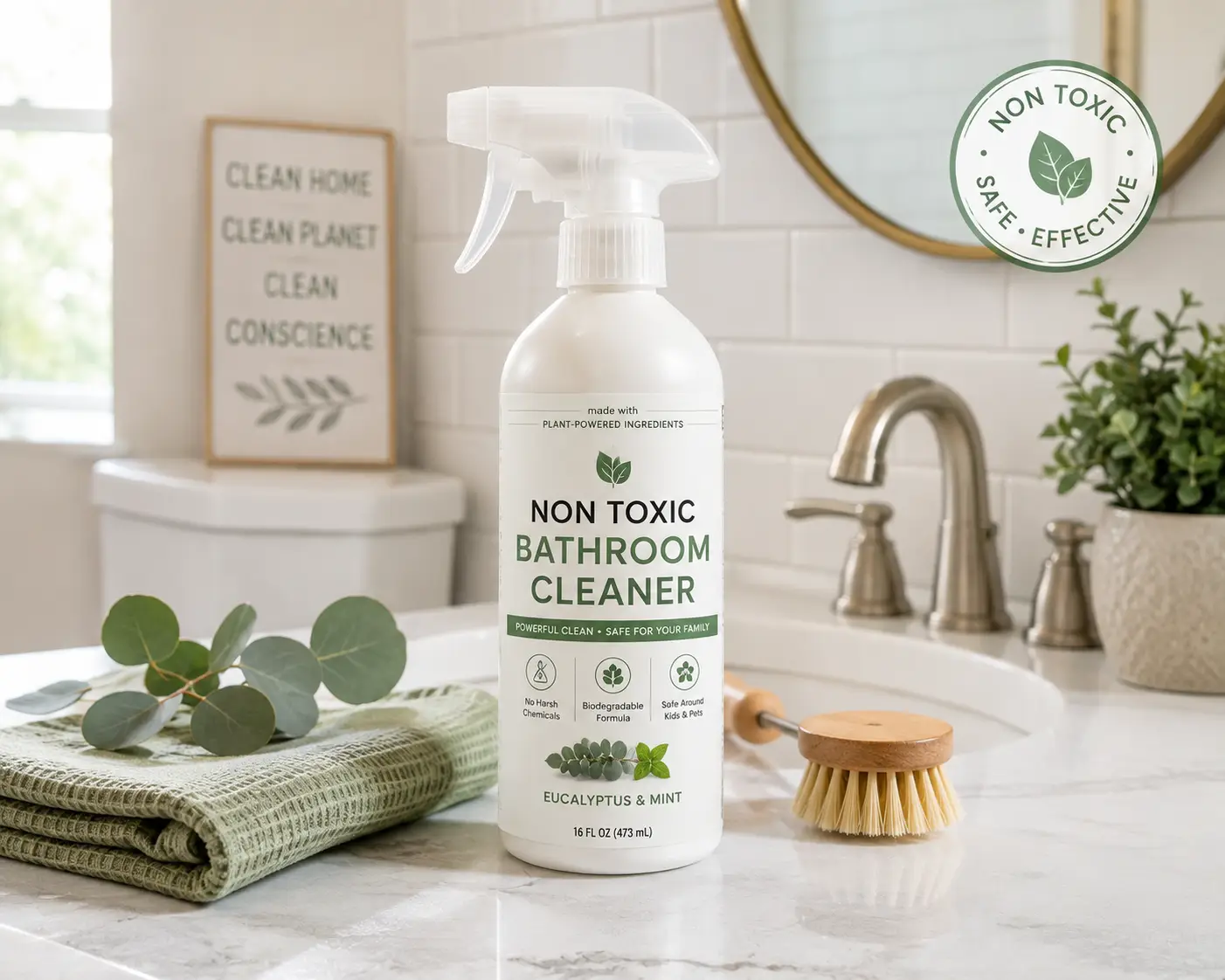 Best non toxic bathroom cleaner in a spray bottle with plant-based ingredients on a bright bathroom counter