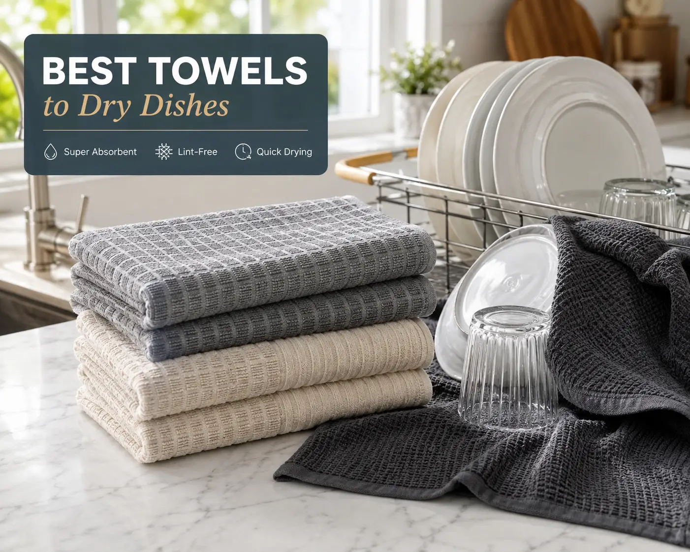 Best towels to dry dishes shown as absorbent waffle weave kitchen towels beside clean dishes and glassware