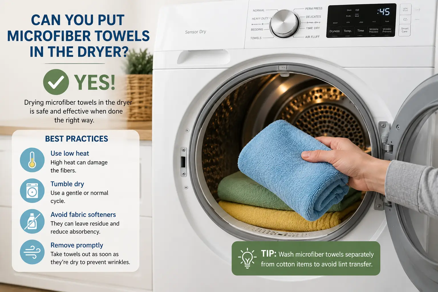 Can you put microfiber towels in the dryer with low heat and gentle drying recommendations
