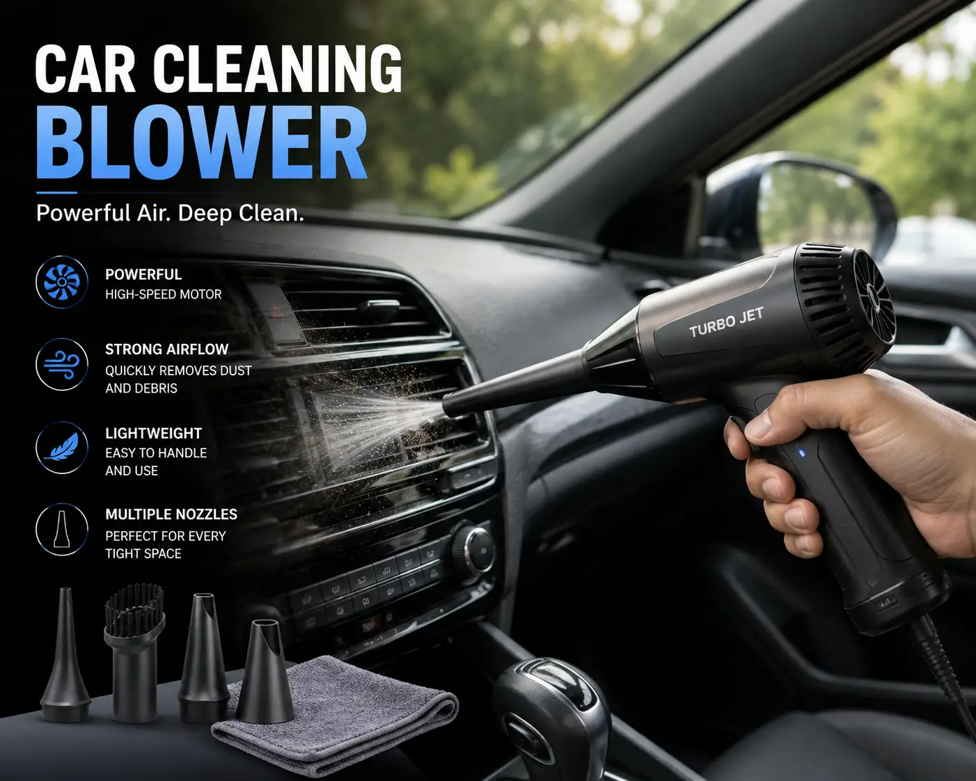 Car cleaning blower directing powerful airflow into a dashboard vent to remove dust and debris from a vehicle interior