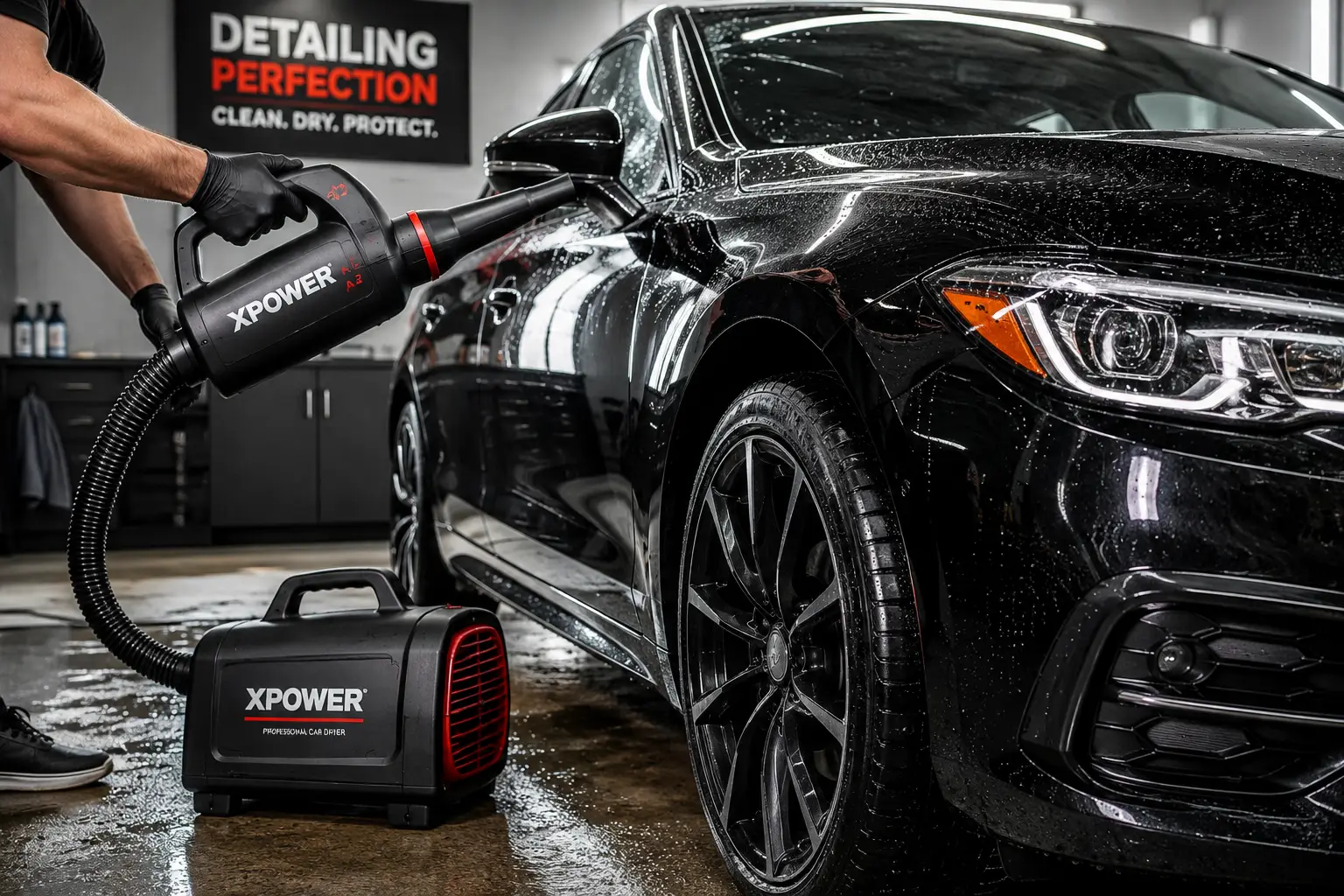 Car drying blower removing water from a freshly washed vehicle during professional auto detailing.