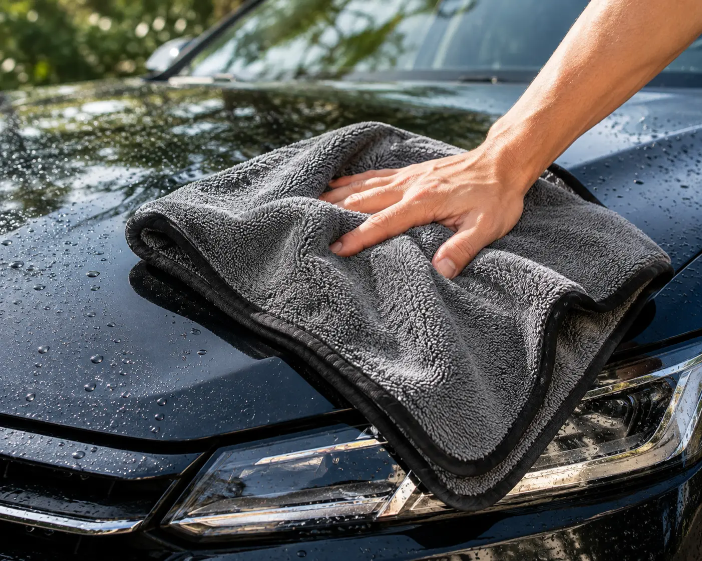 Microfiber car drying cloth absorbing water from a glossy black car after washing