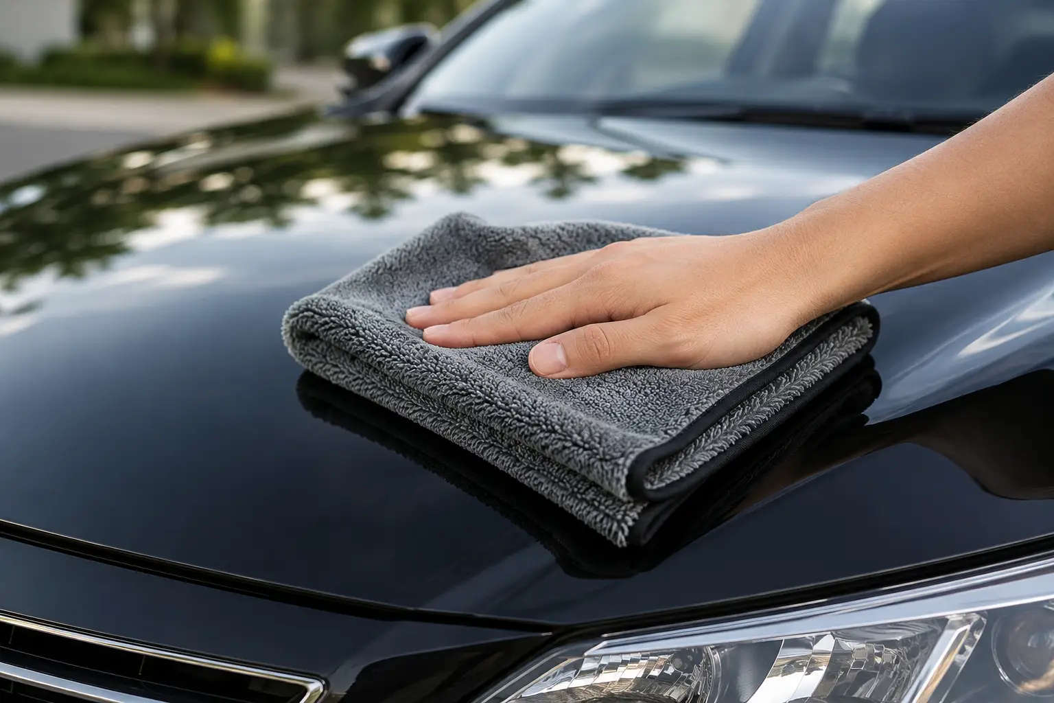 Gray microfiber car fiber cloth used to gently clean and polish a glossy black car hood.