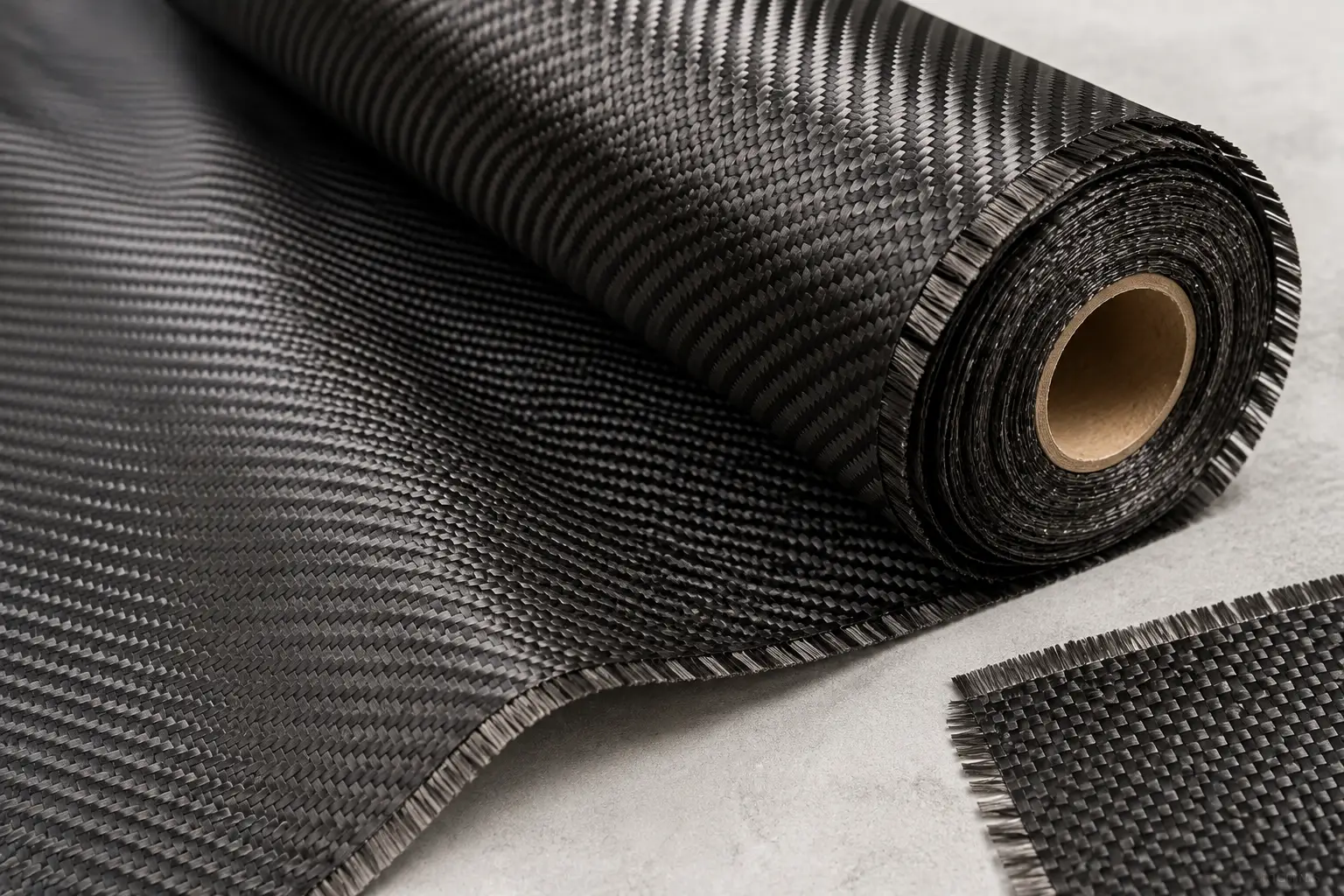 Carbon cloth fabric showing a tightly woven black carbon fiber texture with a roll and cut section