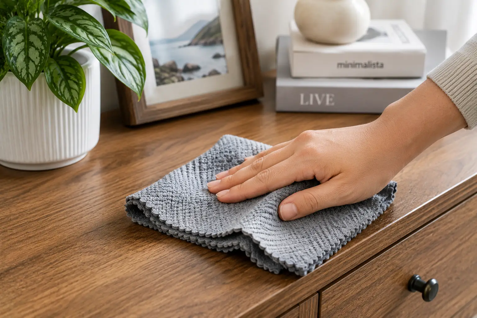 Dust rag wiping a wooden table to remove dust and keep the surface clean