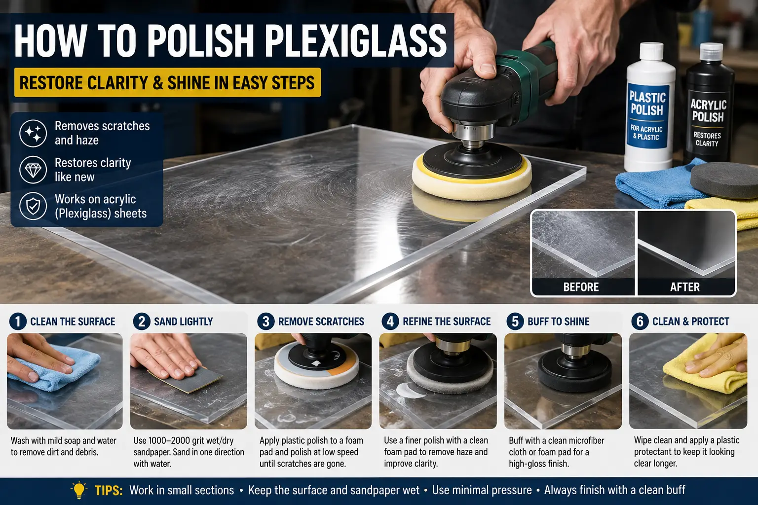 How to polish plexiglass using sanding and plastic polish to remove scratches and restore a clear glossy finish