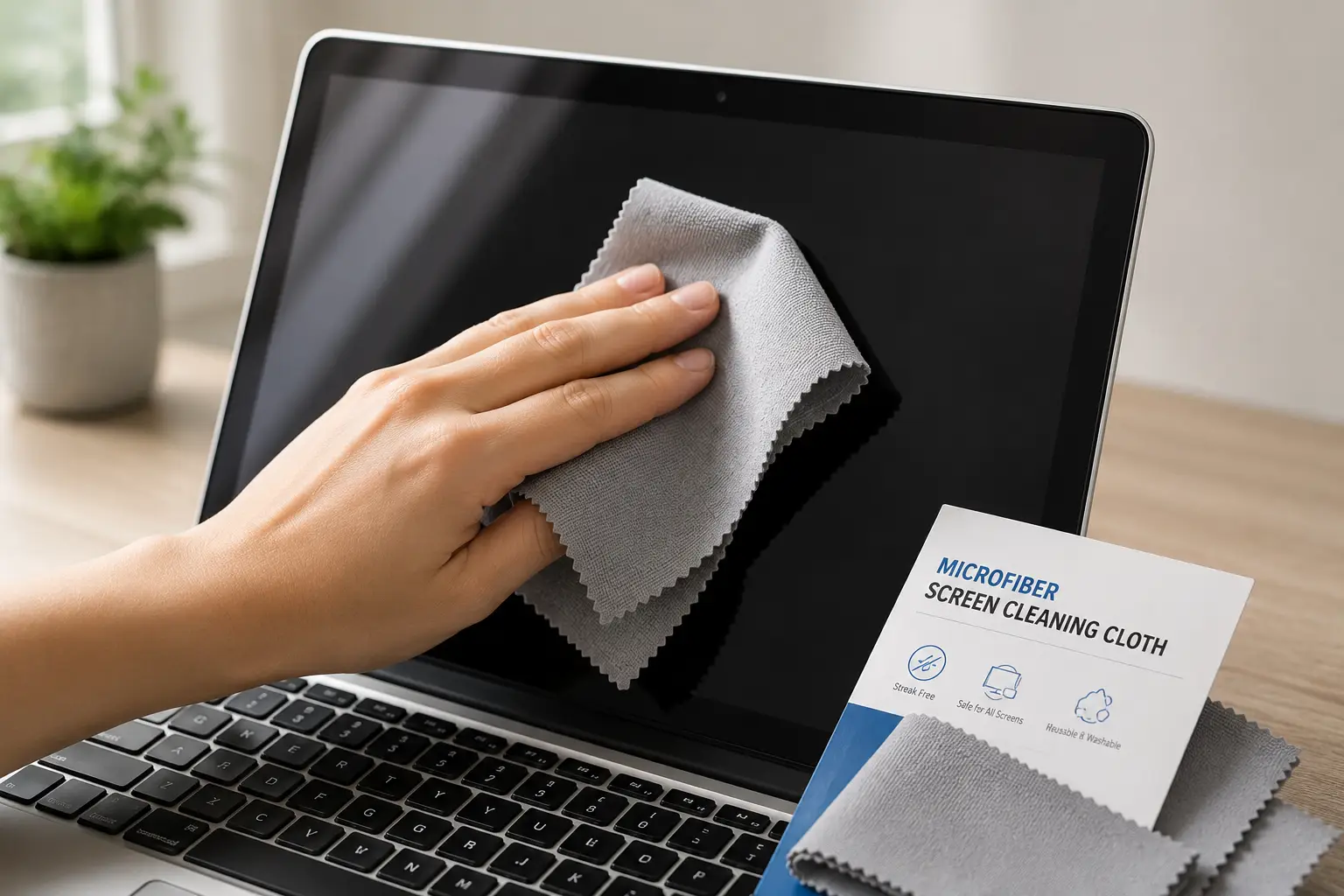 Microfiber screen cleaning cloth gently wiping a laptop display to remove dust and fingerprints without streaks.