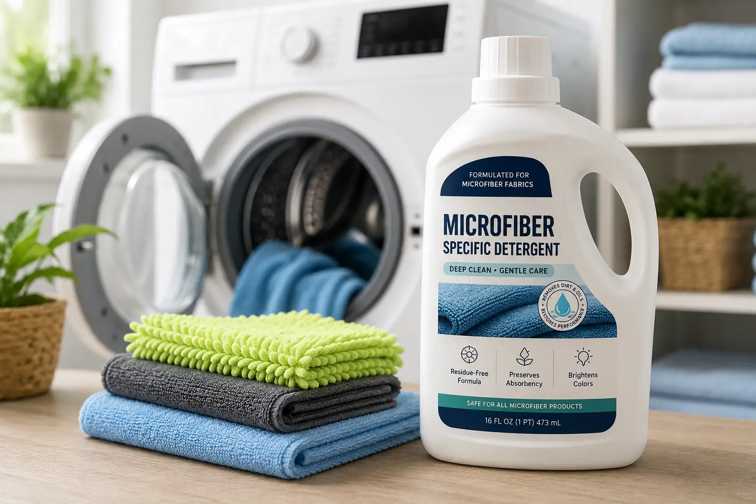 Microfiber specific detergent bottle beside clean microfiber towels in a bright laundry room
