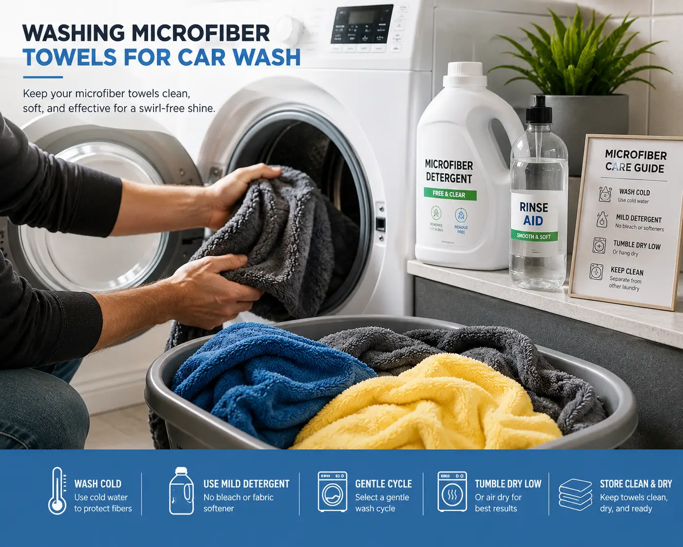 Washing microfiber towels for car wash in a washing machine using a gentle cycle and mild detergent