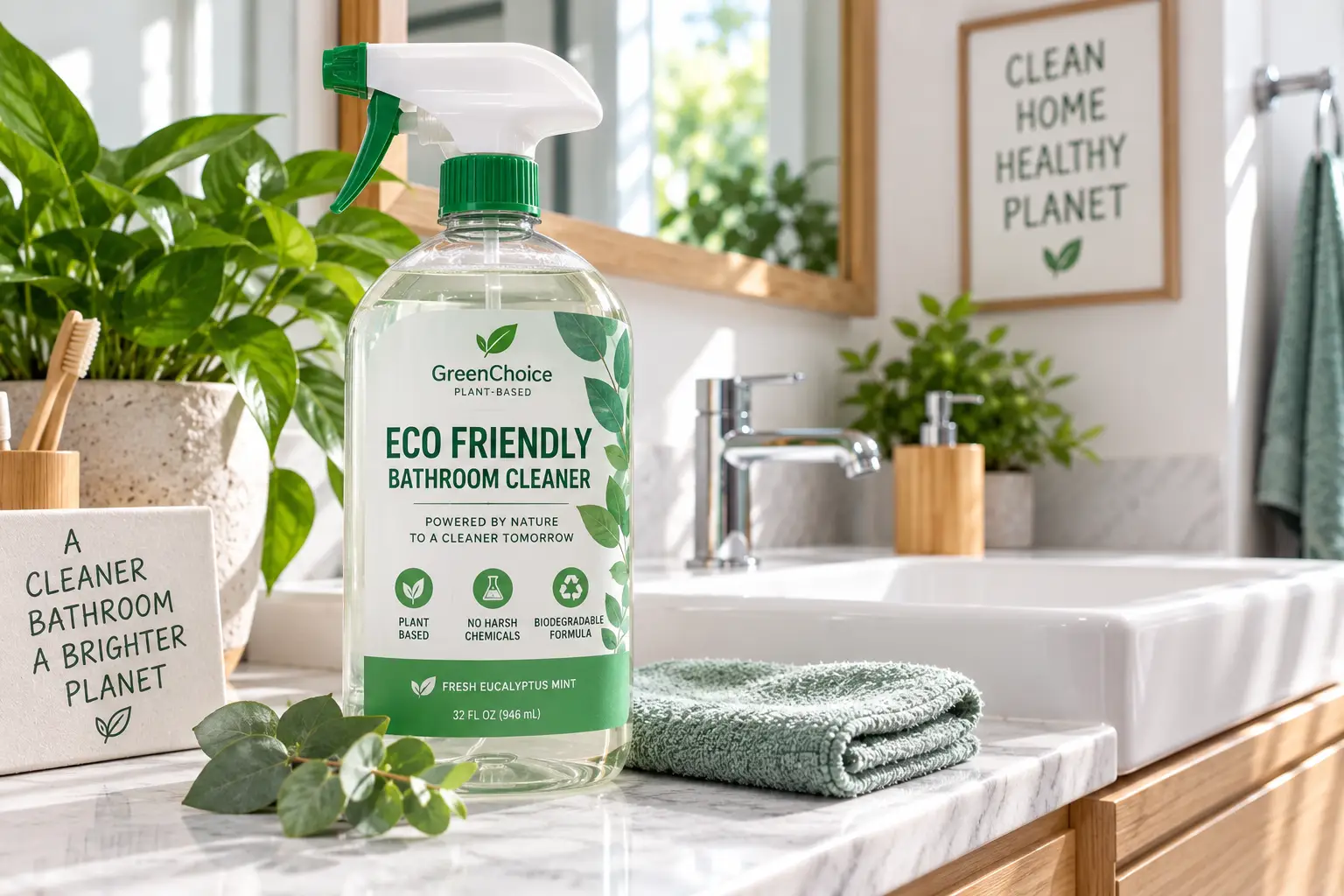 Eco friendly bathroom cleaner in a plant-based spray bottle on a bright bathroom counter