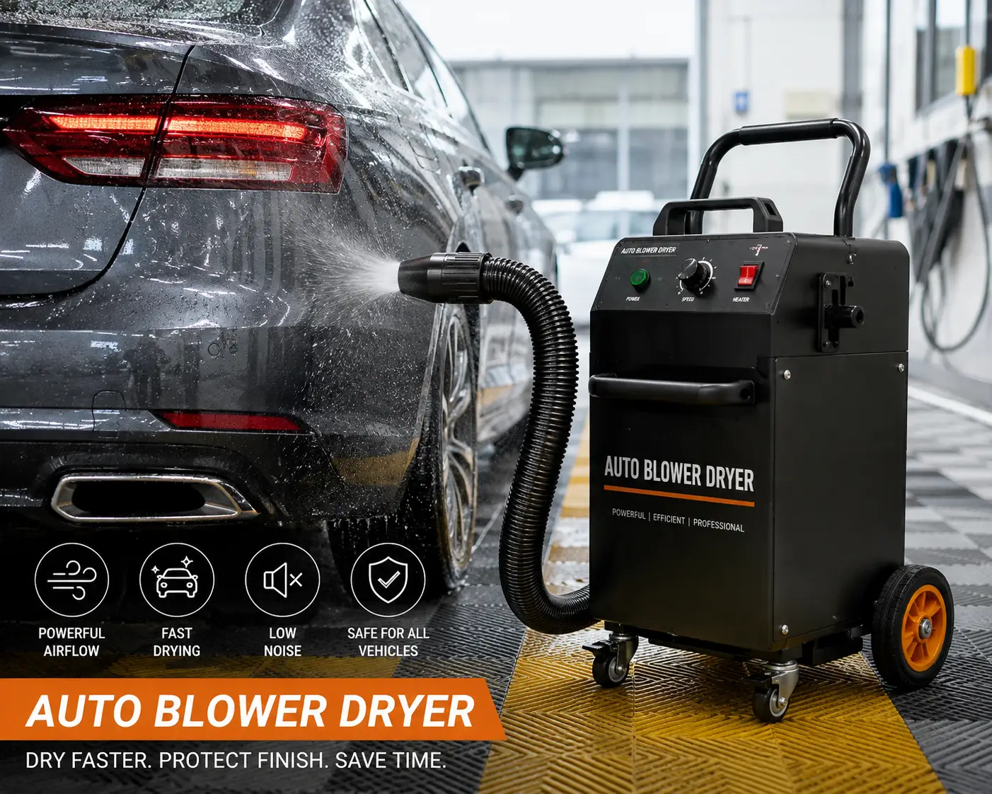 Auto blower dryer removing water from a wet car with powerful airflow for fast and efficient vehicle drying.