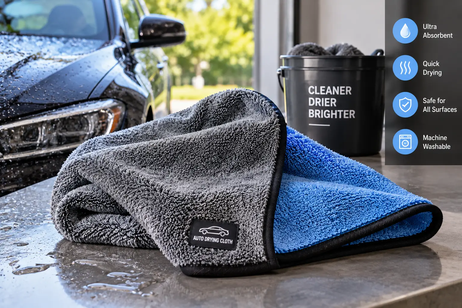 Auto drying cloth made from absorbent microfiber for quickly drying a wet car surface