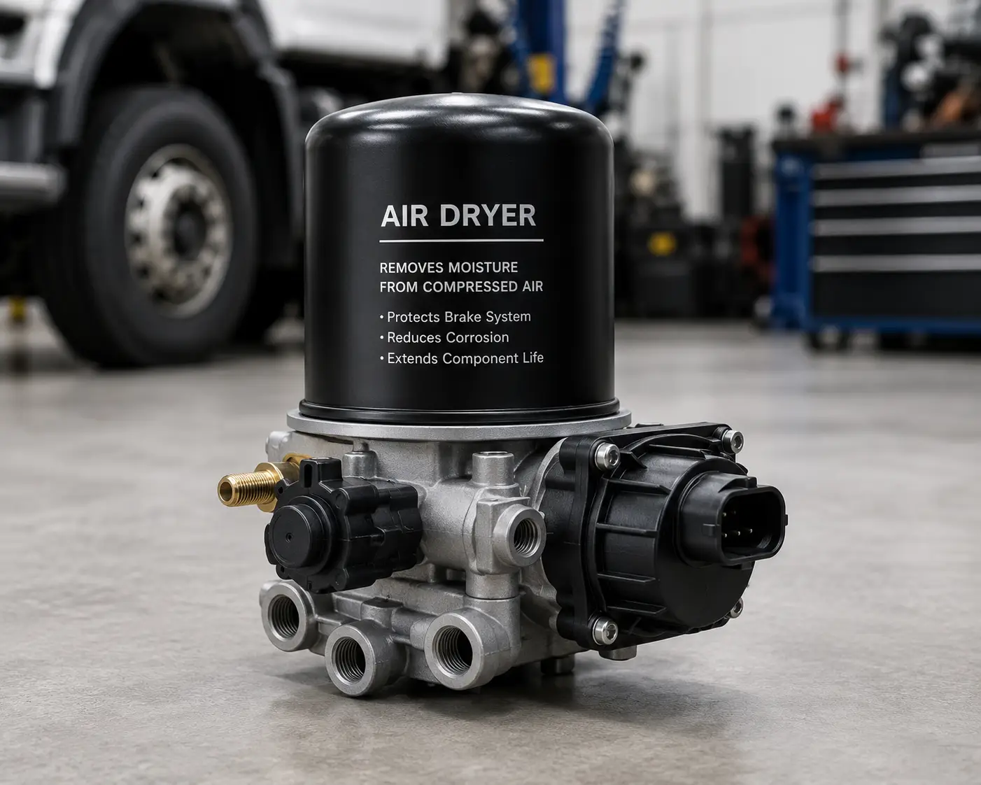 Automotive air dryer for removing moisture from compressed air in vehicle brake systems