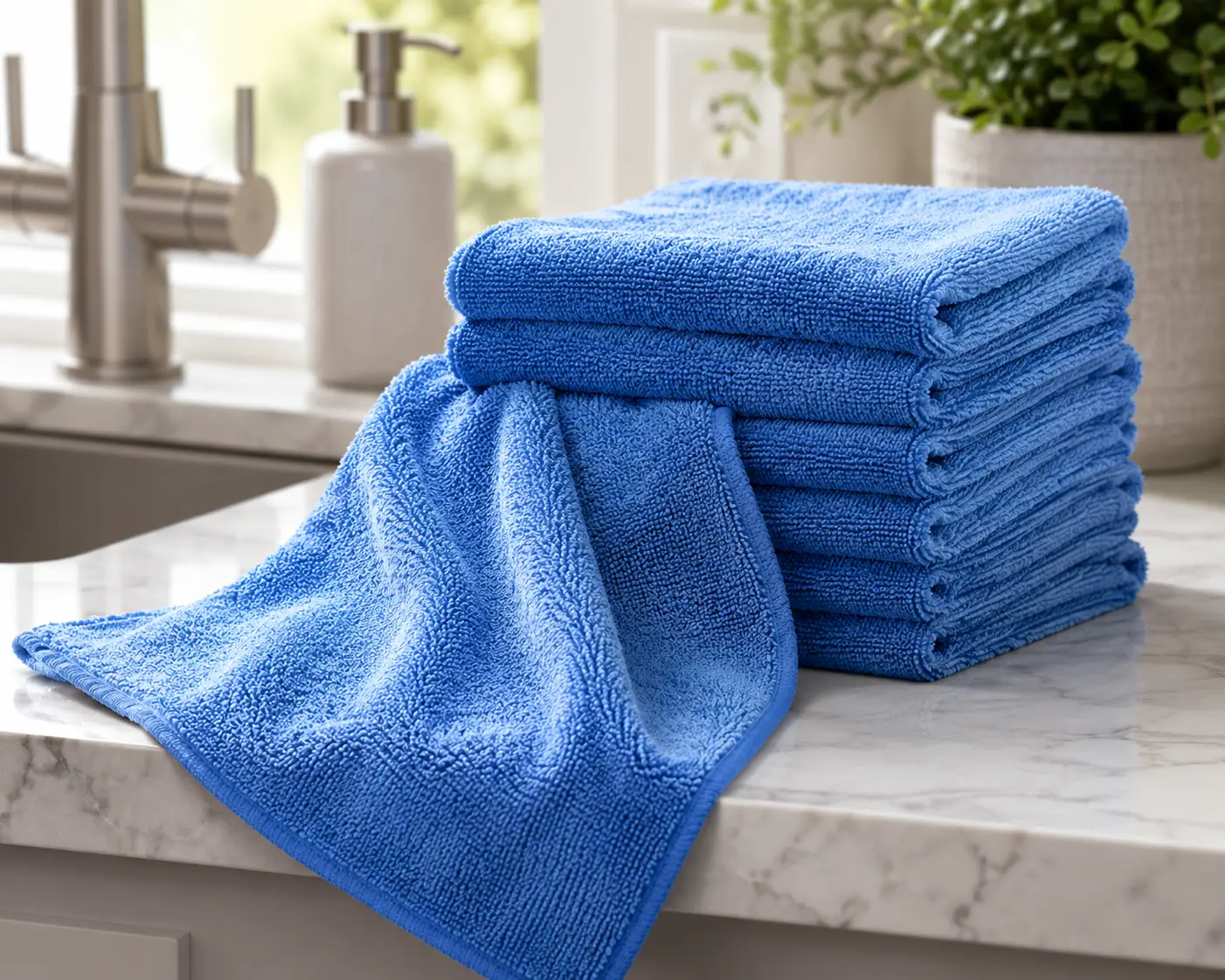Blue microfiber towels stacked and draped on a clean countertop, showcasing their soft, absorbent texture.