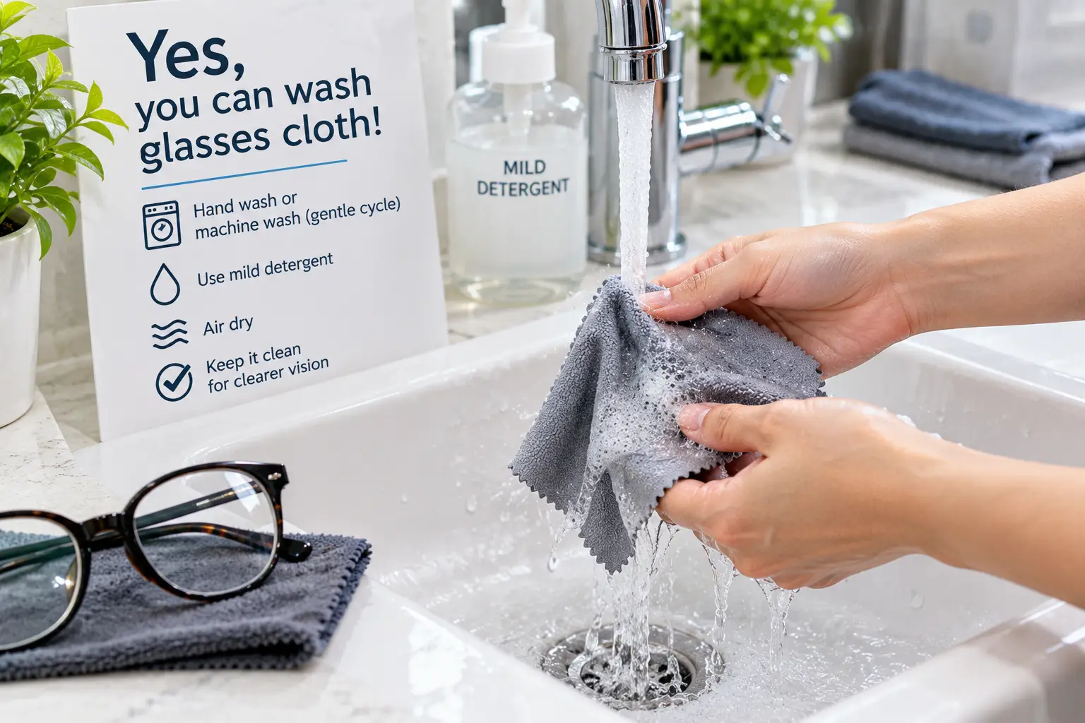 Microfiber glasses cloth being gently washed with mild detergent under running water