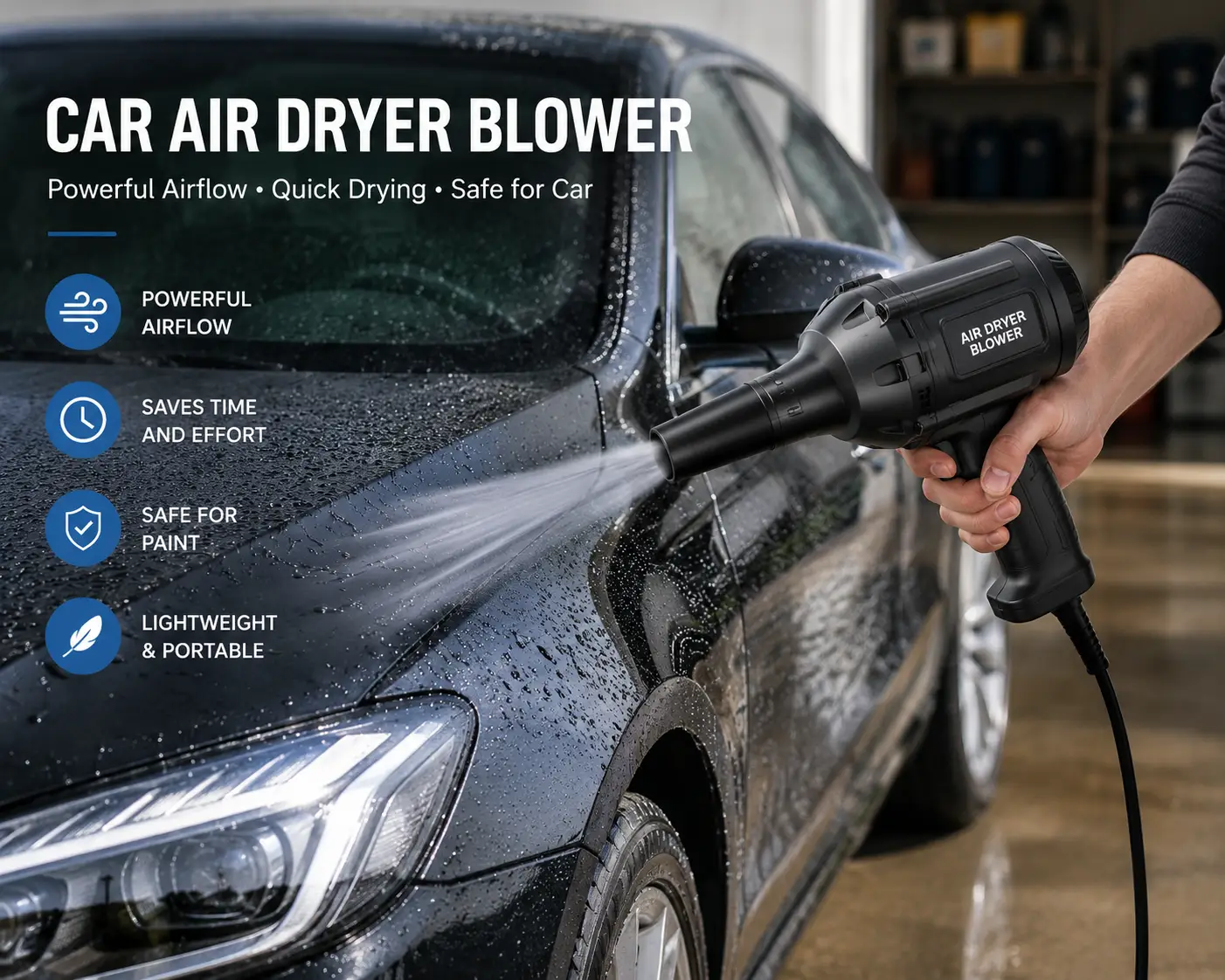 Car air dryer blower removing water from a vehicle after washing