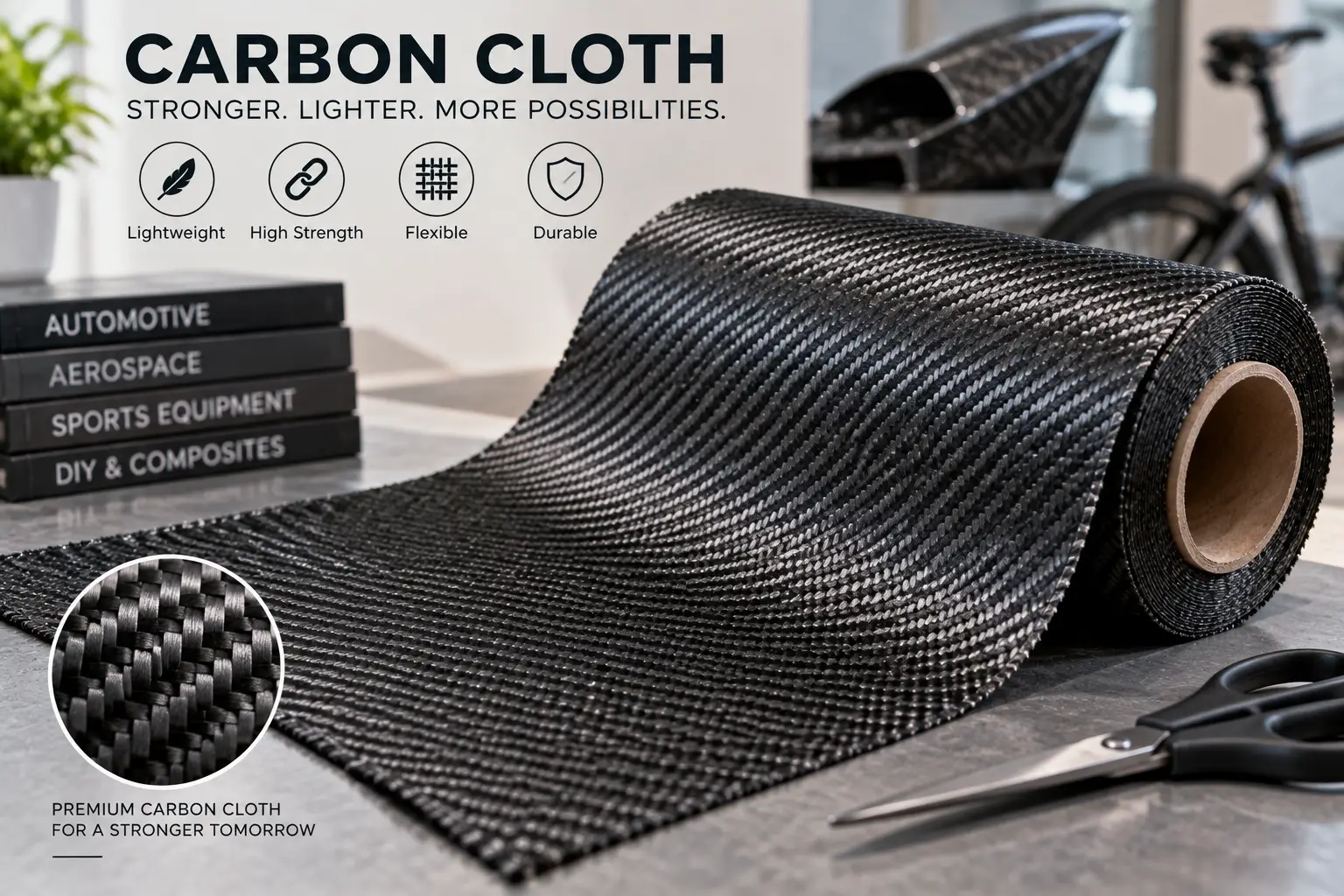 Carbon cloth roll showing detailed woven carbon fiber fabric used for lightweight and durable composite applications