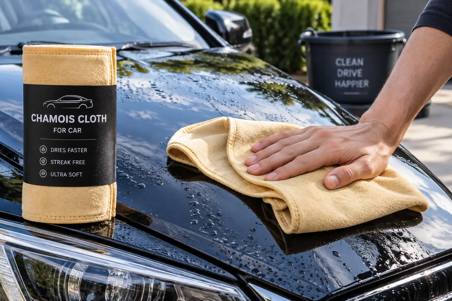 Chamois cloth for car drying a wet black car hood without leaving streaks
