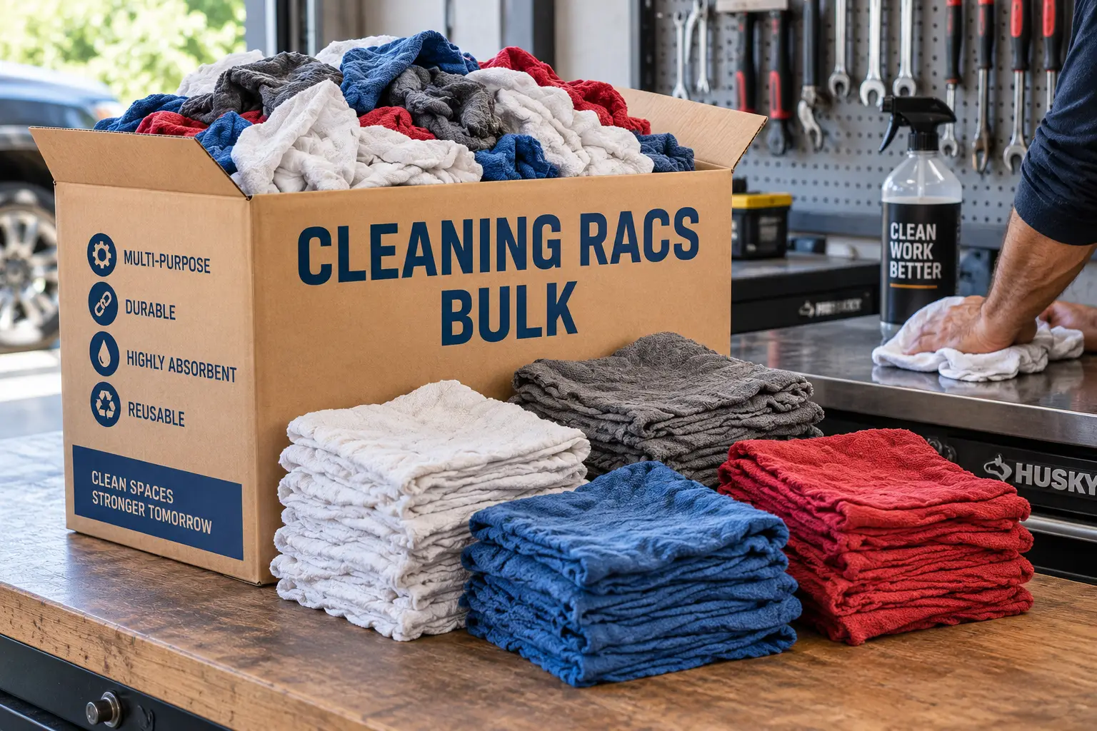 Bulk cleaning rags in assorted colors organized in a garage workshop for cleaning tasks
