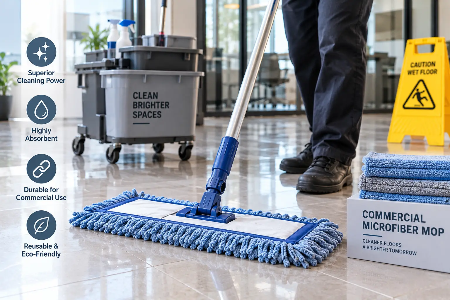 Commercial microfiber mop cleaning a polished office floor with a professional cleaning cart
