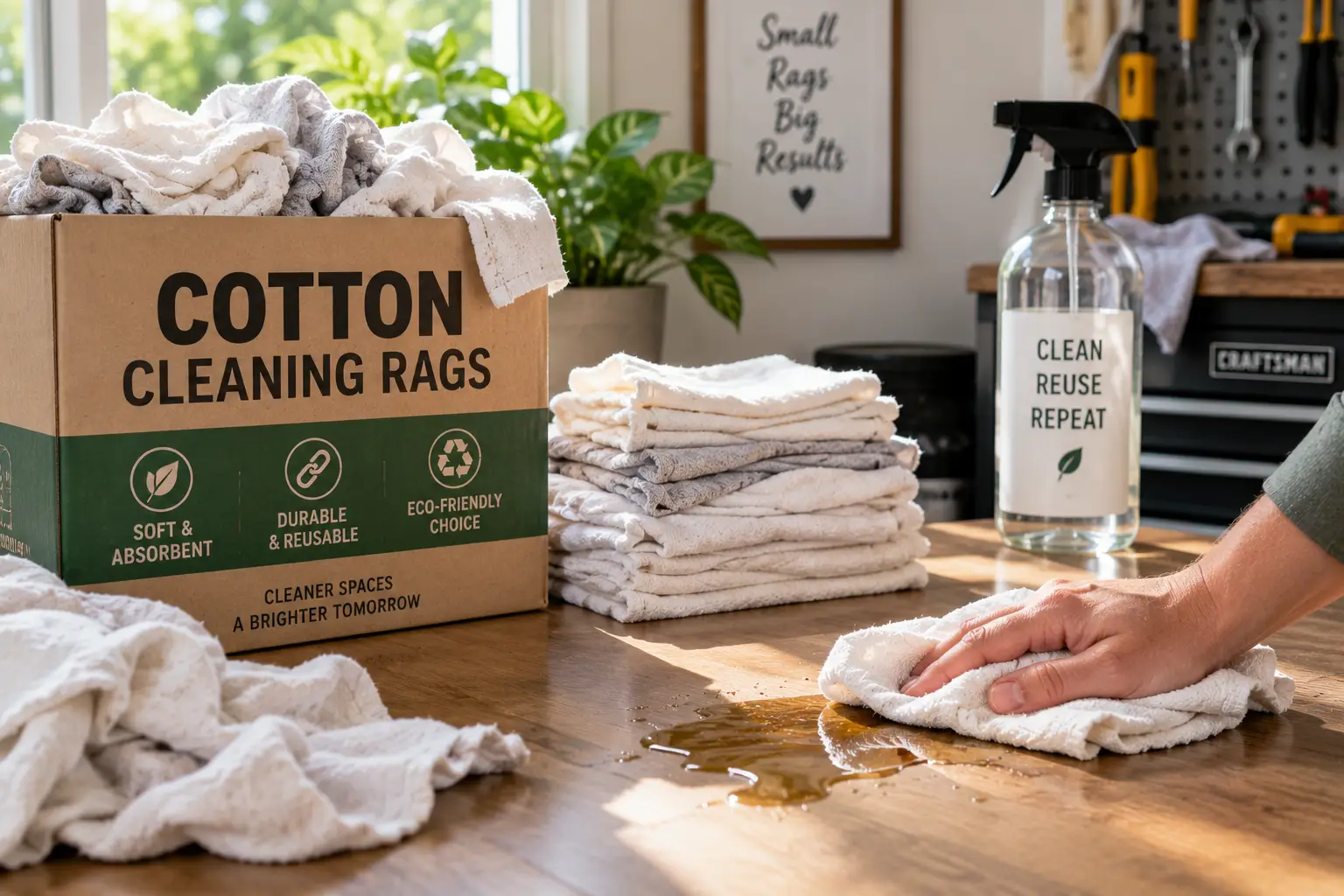 Cotton cleaning rags stacked and used for wiping surfaces in a bright workshop