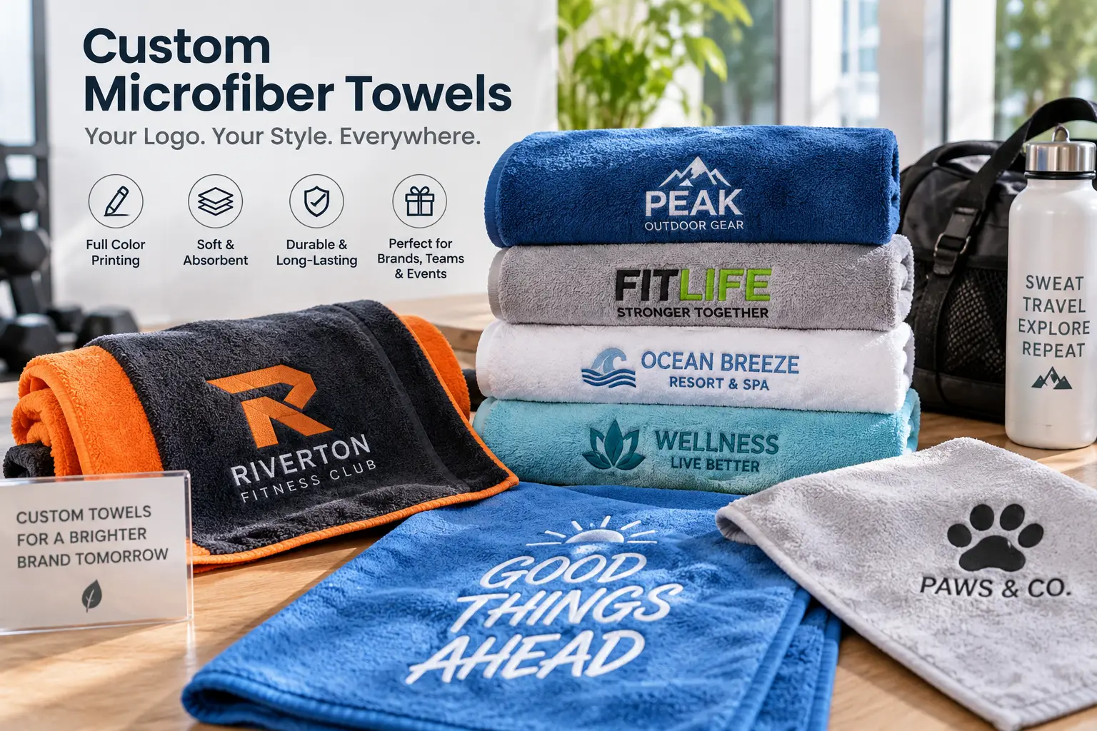 Custom microfiber towels with colorful printed logos and designs, stacked and displayed for gyms, teams, events, and branded promotions.