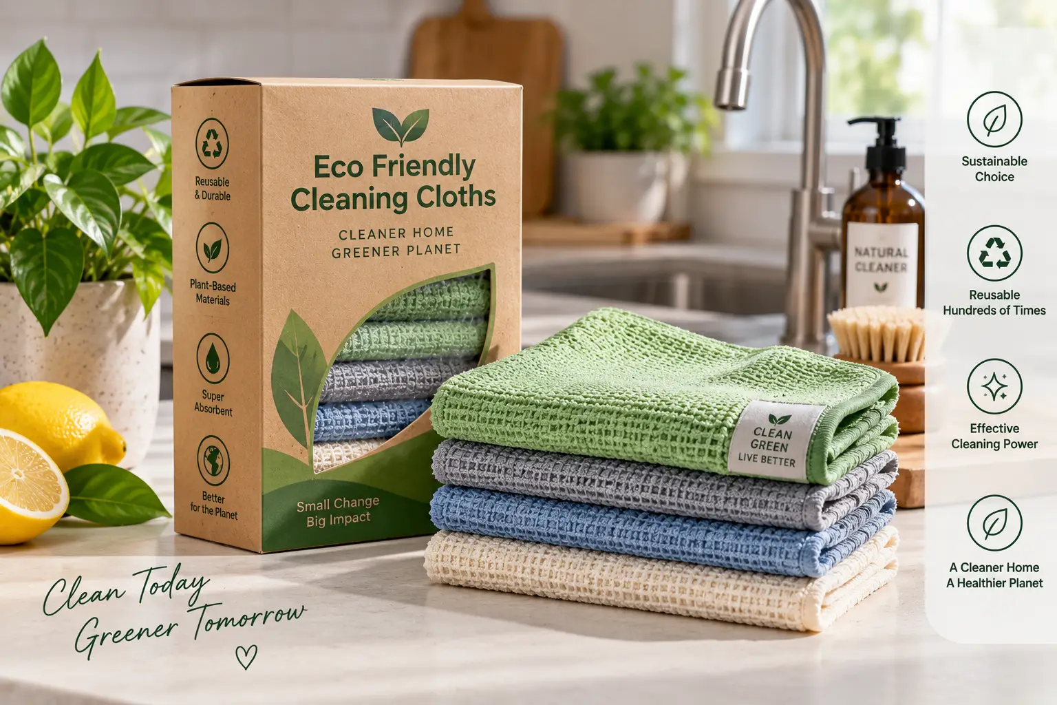 Eco friendly cleaning cloths made for reusable and effective household cleaning in a bright kitchen