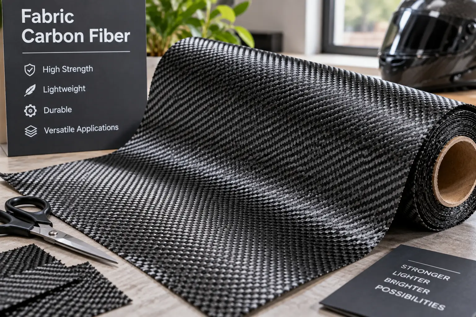 Fabric carbon fiber sheet showing a durable woven pattern and lightweight composite material texture