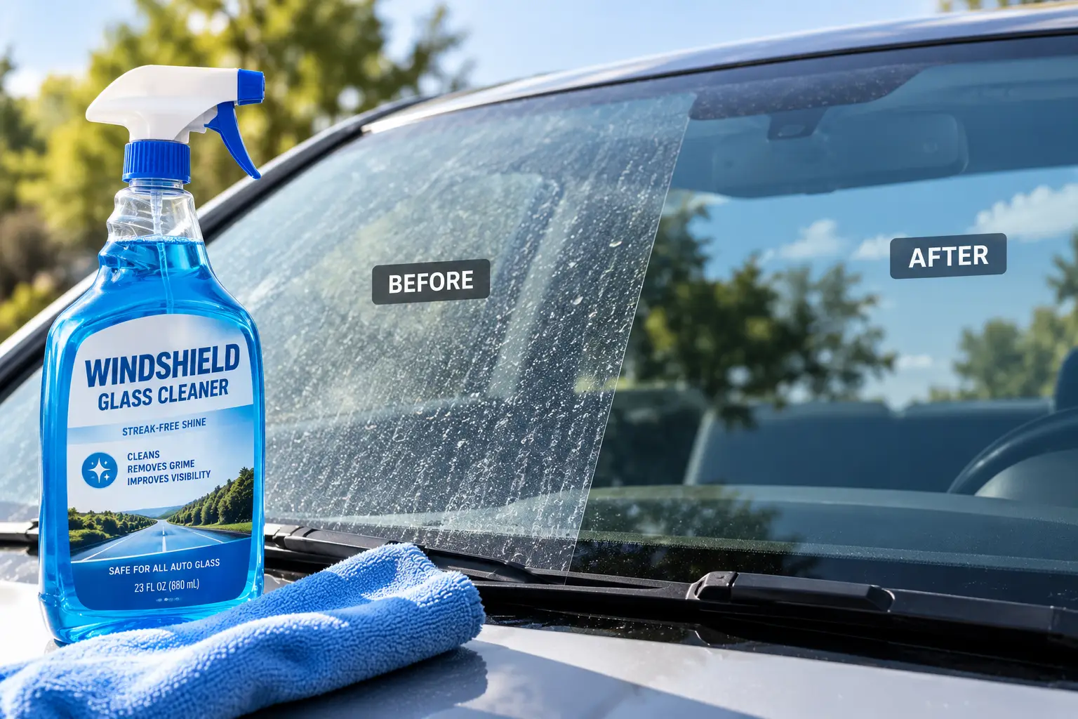 Glass cleaner for windshield shown with a microfiber cloth beside a streak-free car windshield