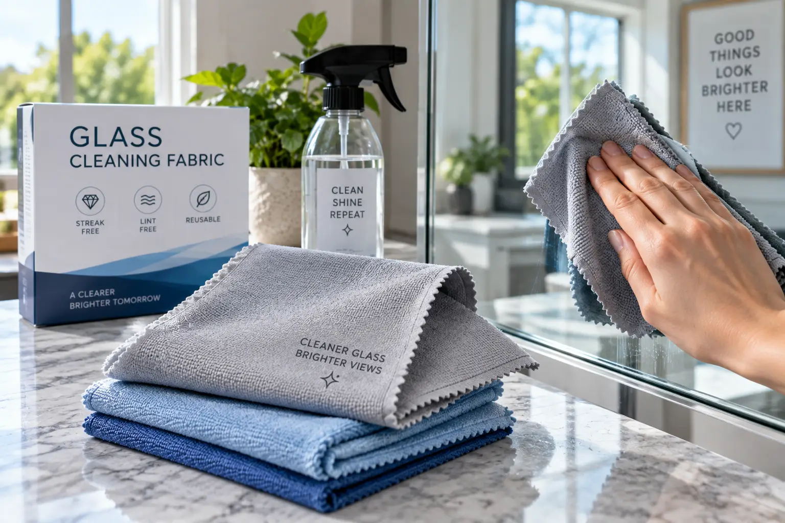 Glass cleaning fabric microfiber cloth polishing a glass surface for a streak-free finish