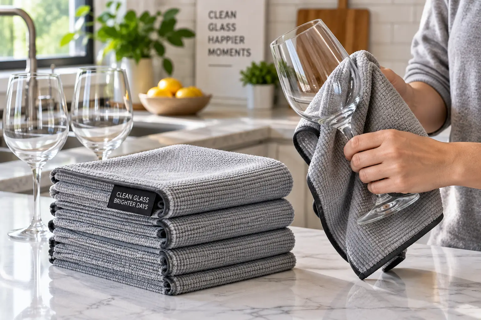 Microfiber glass towels used to polish wine glasses for a streak-free finish