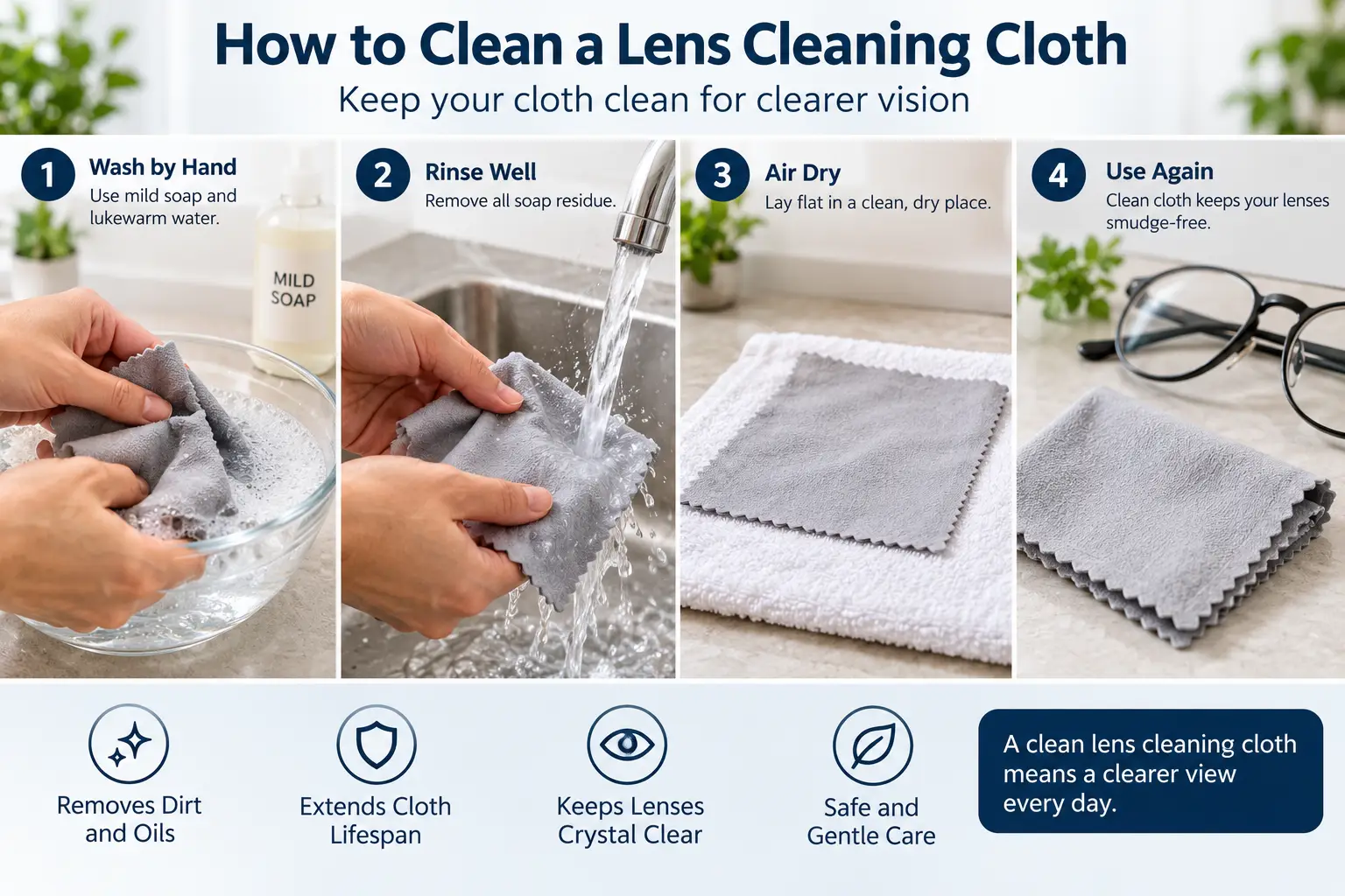 How to clean a lens cleaning cloth by hand washing, rinsing, air drying, and storing it properly