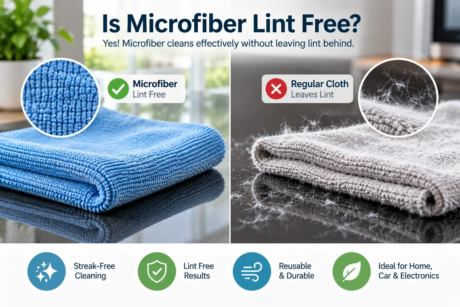 Is microfiber lint free? Close-up comparison of microfiber and regular cloth showing lint-free cleaning