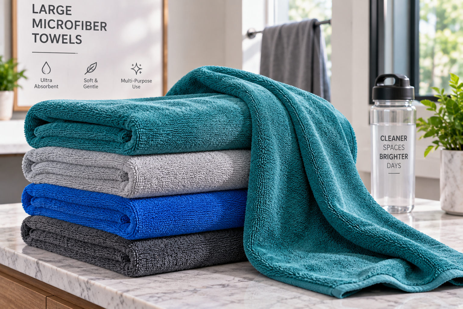 Large microfiber towels stacked on a marble countertop with a soft teal towel draped in front