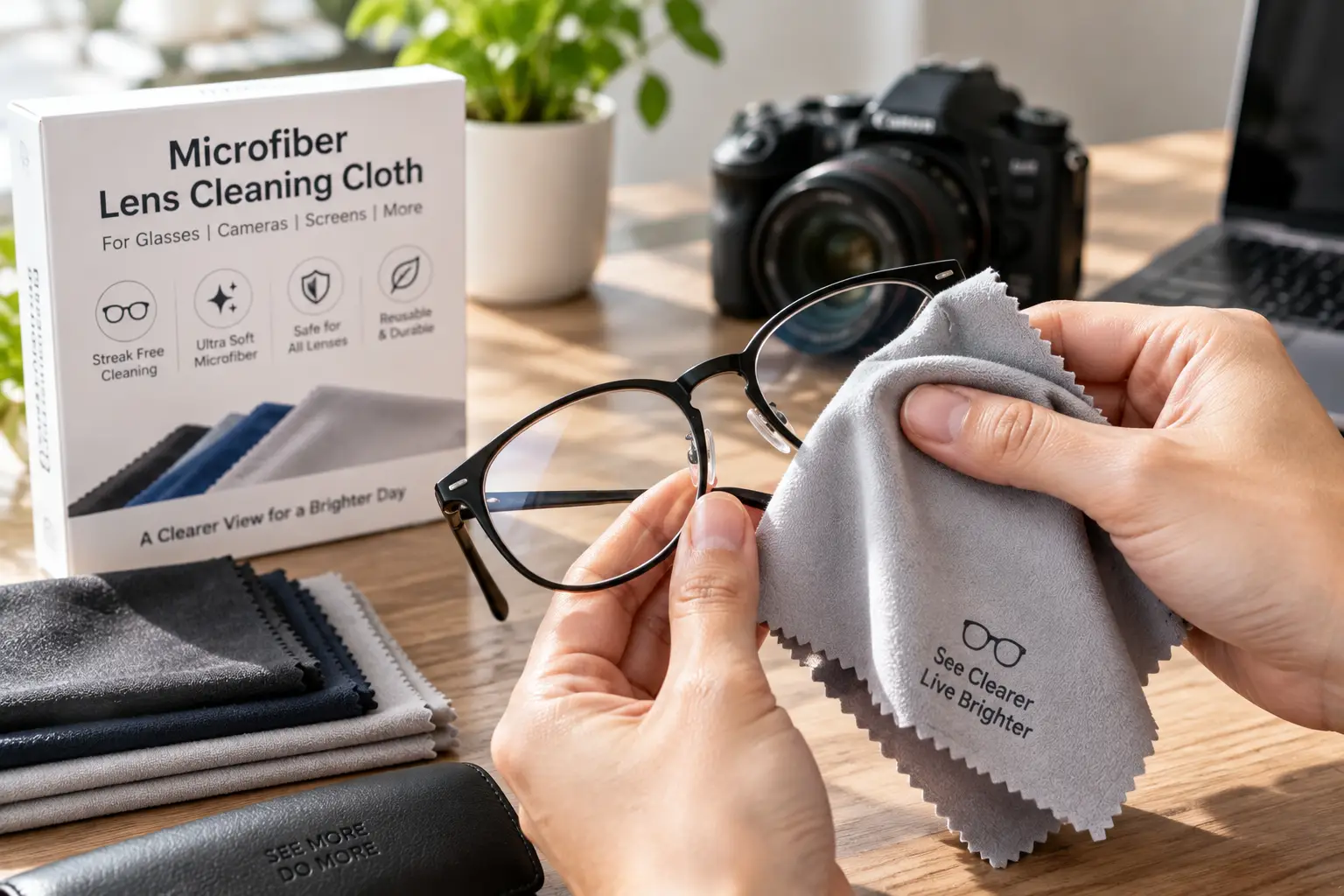 Microfiber lens cleaning cloth gently wiping eyeglasses for a clear, streak-free finish