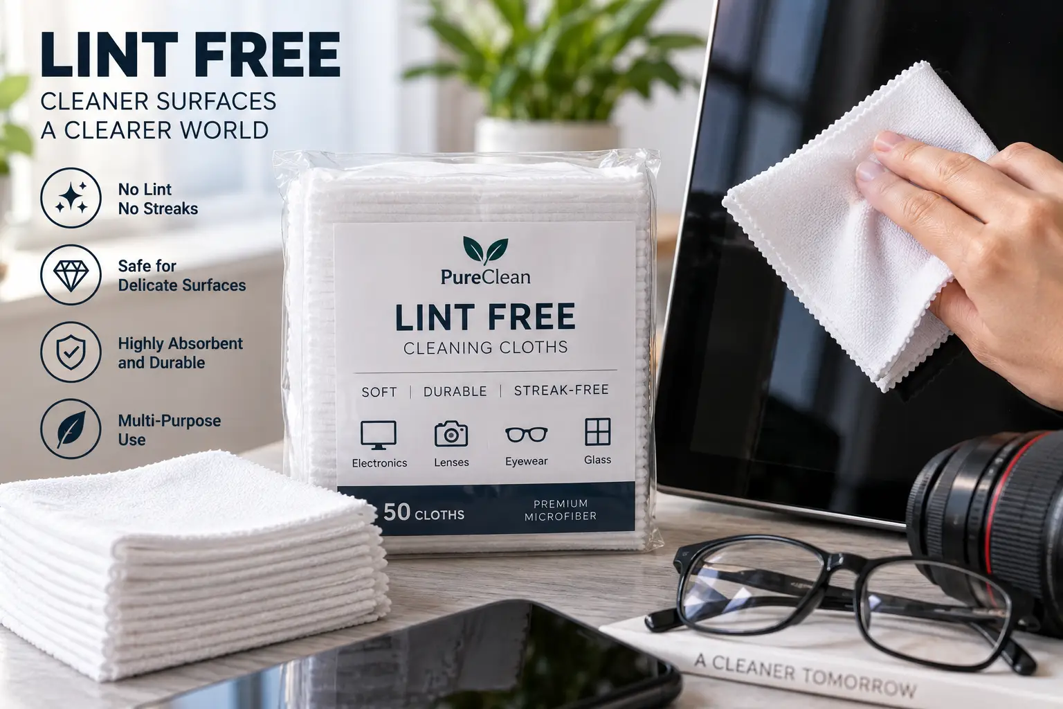 Lint free microfiber cleaning cloths for streak-free cleaning of glass, lenses, and electronics
