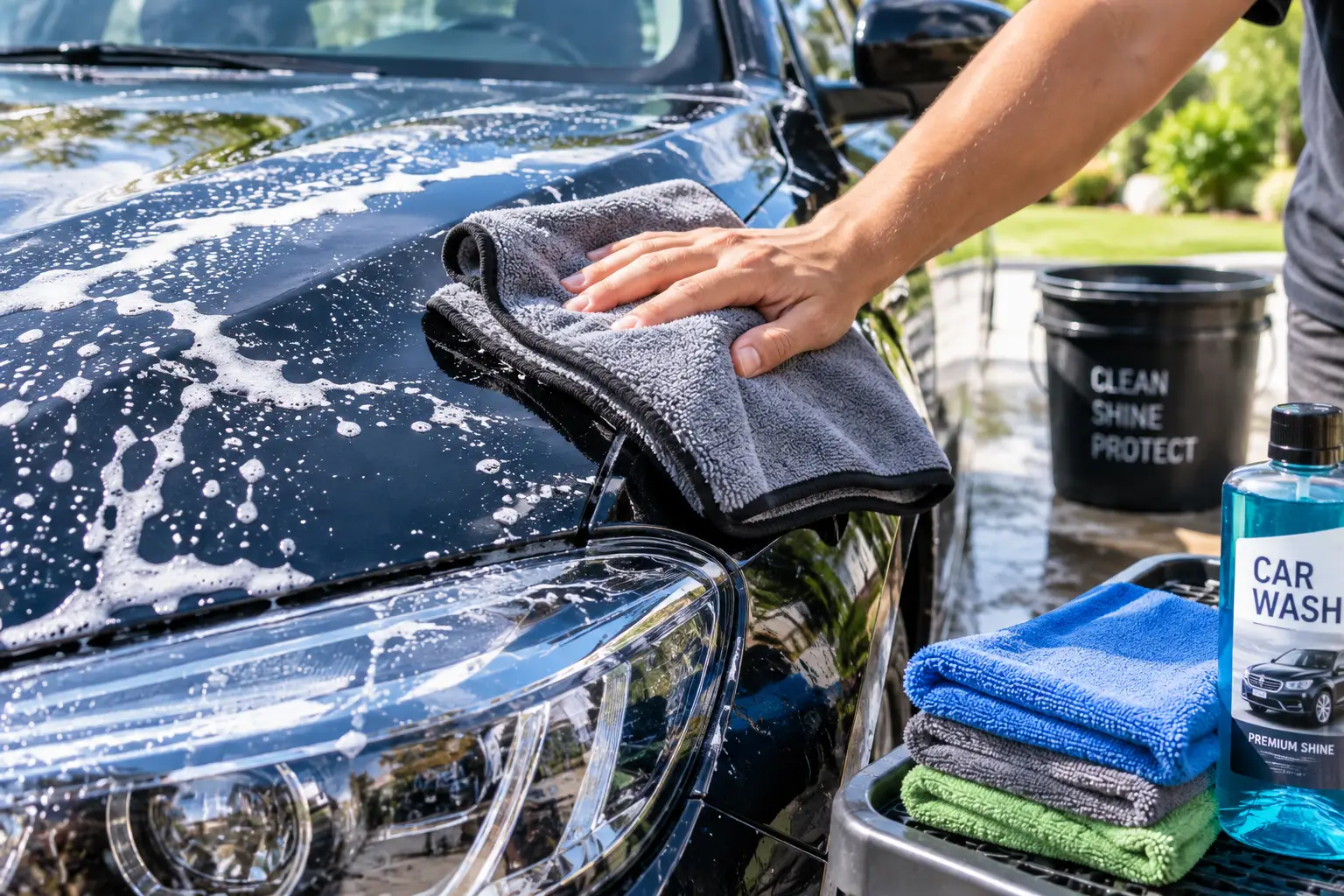 Microfiber cloth used to wash a soapy car hood alongside car cleaning supplies