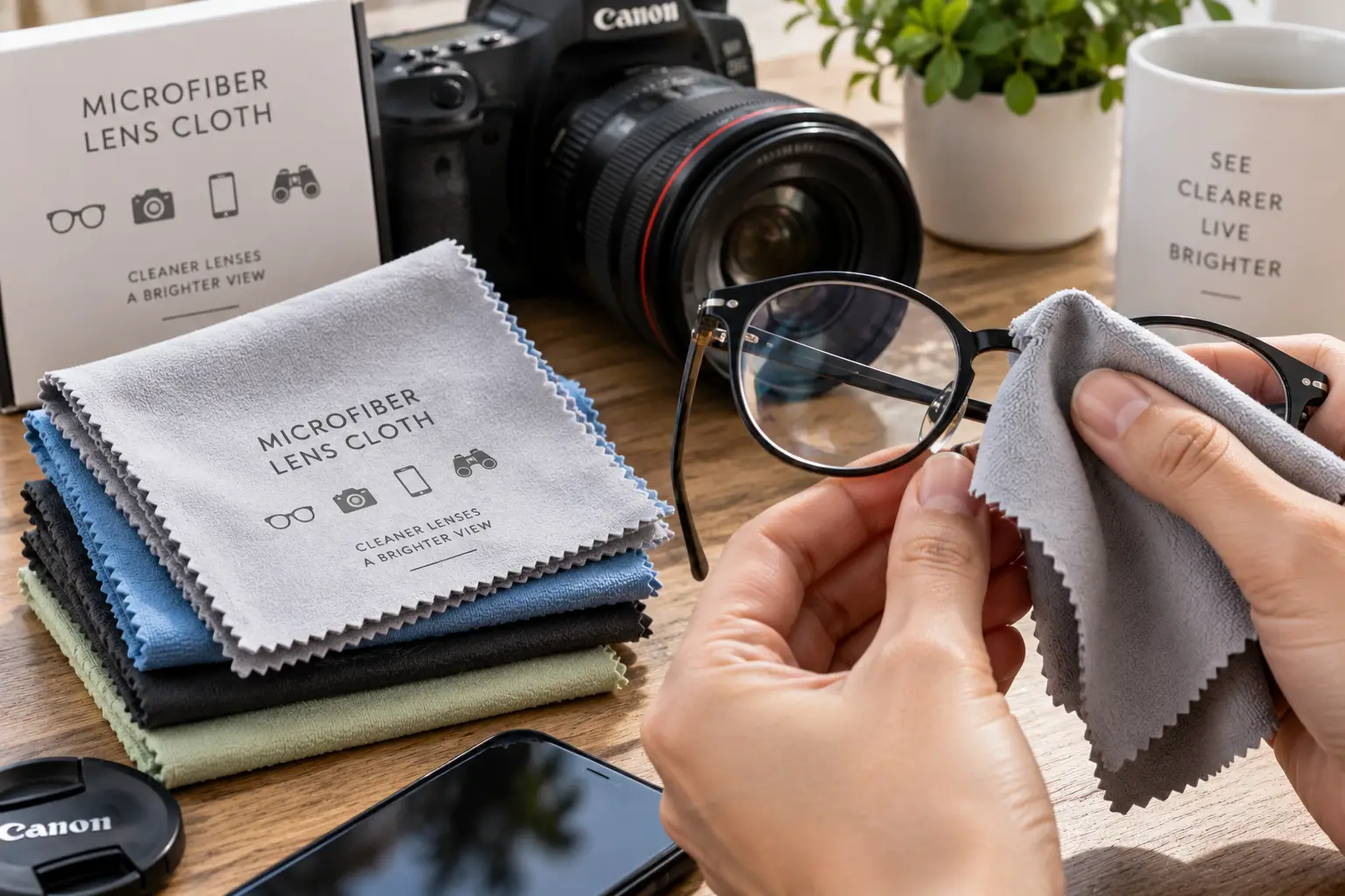 Microfiber lens cloth gently cleaning eyeglasses and camera lenses for a clear, streak-free view