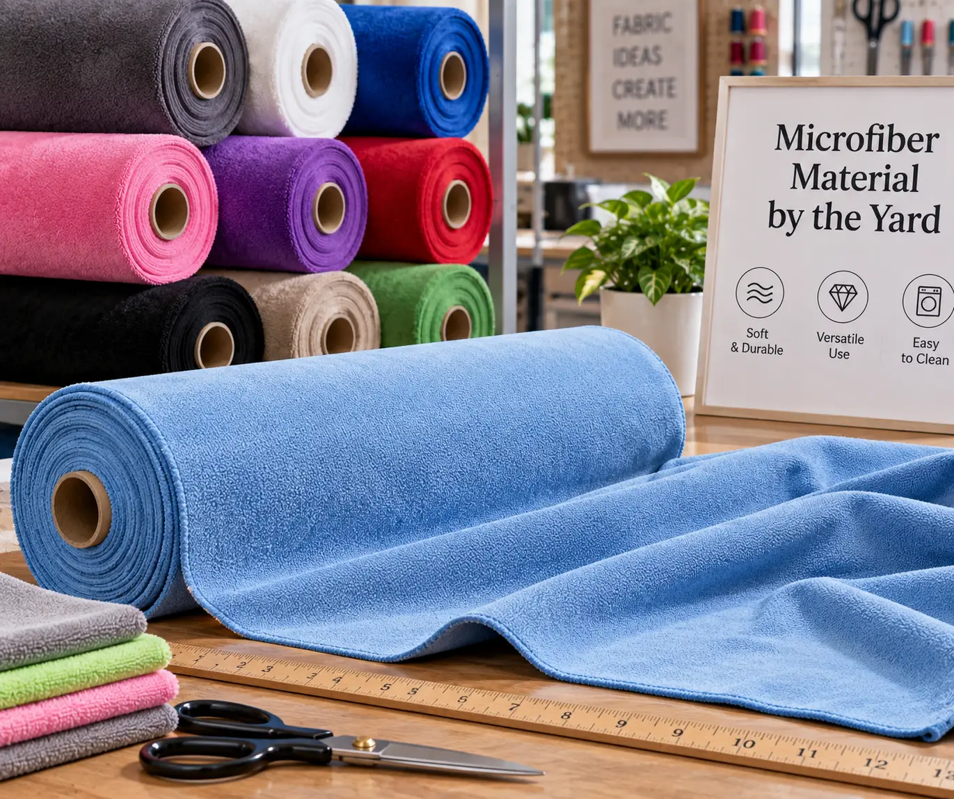 Microfiber material by the yard shown as colorful fabric rolls and a soft blue fabric sheet with measuring tools