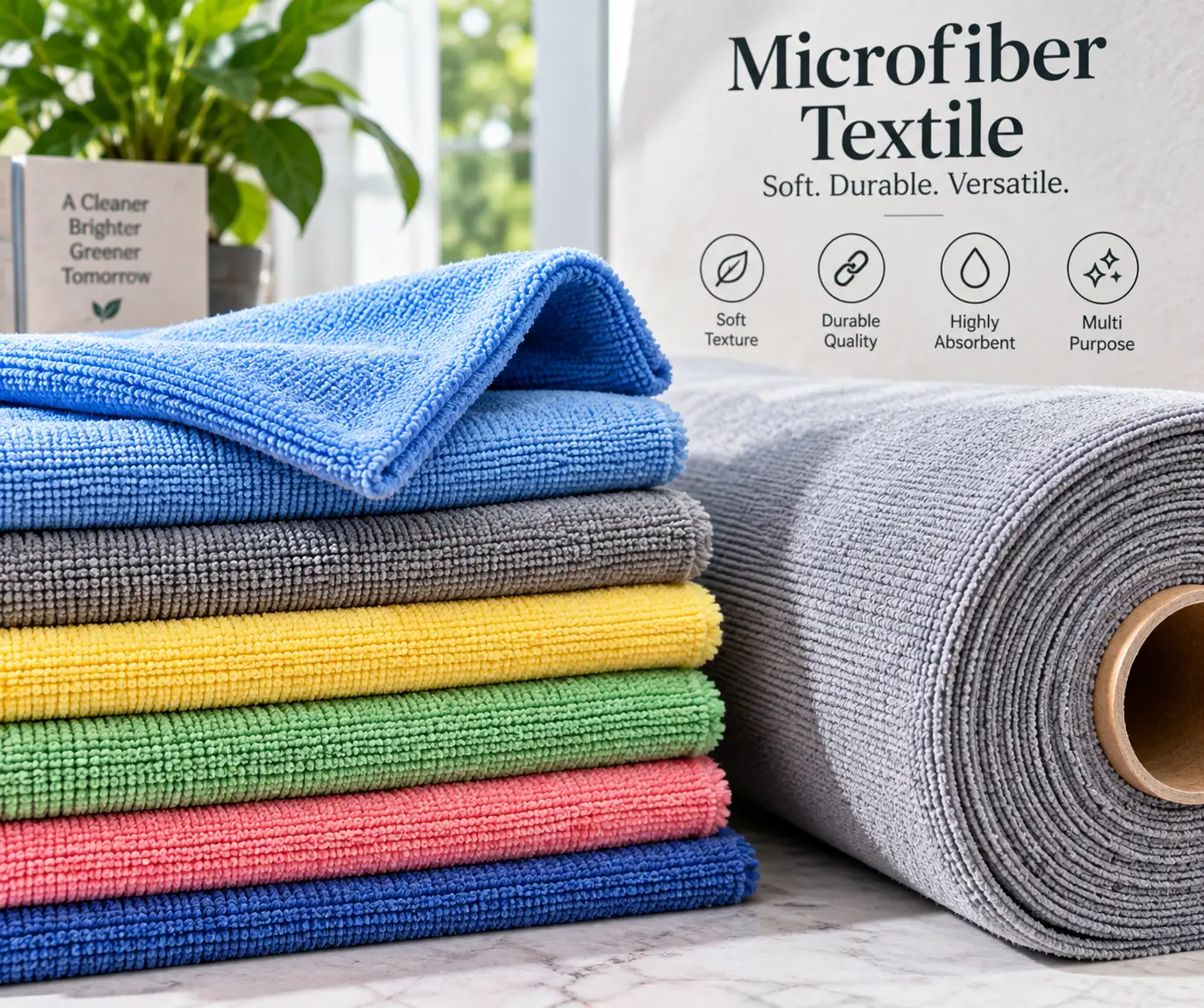 Microfiber textile shown as soft colorful fabric cloths and a rolled gray microfiber material for versatile cleaning use