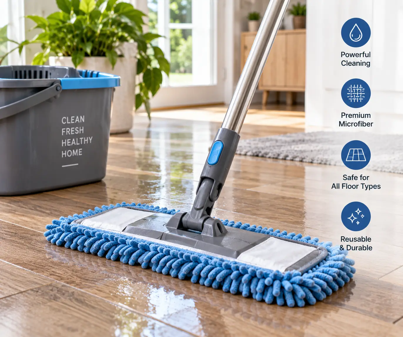 Microfiber wet mop with absorbent cleaning head on a glossy floor in a modern home