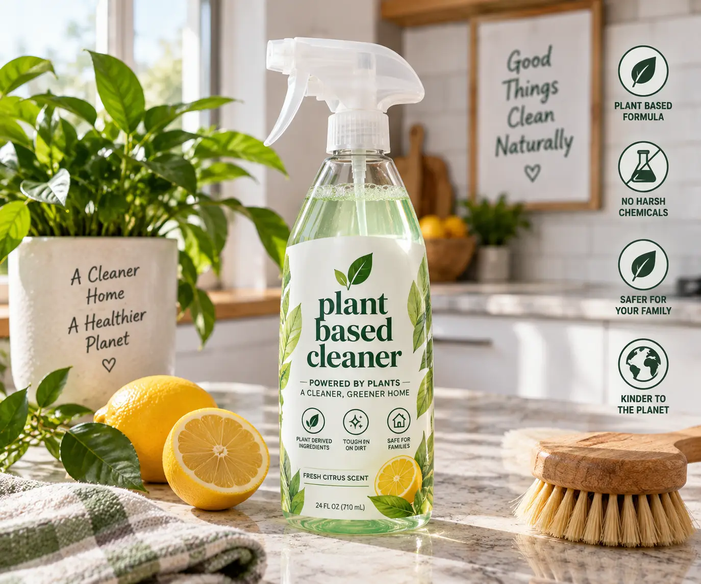 Plant based cleaner in a natural spray bottle with citrus and botanical ingredients