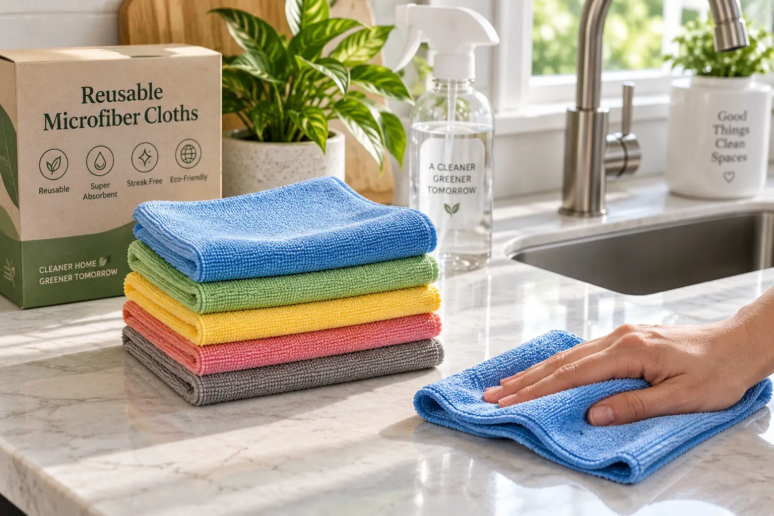 Reusable microfiber cloths stacked on a kitchen counter for streak-free cleaning