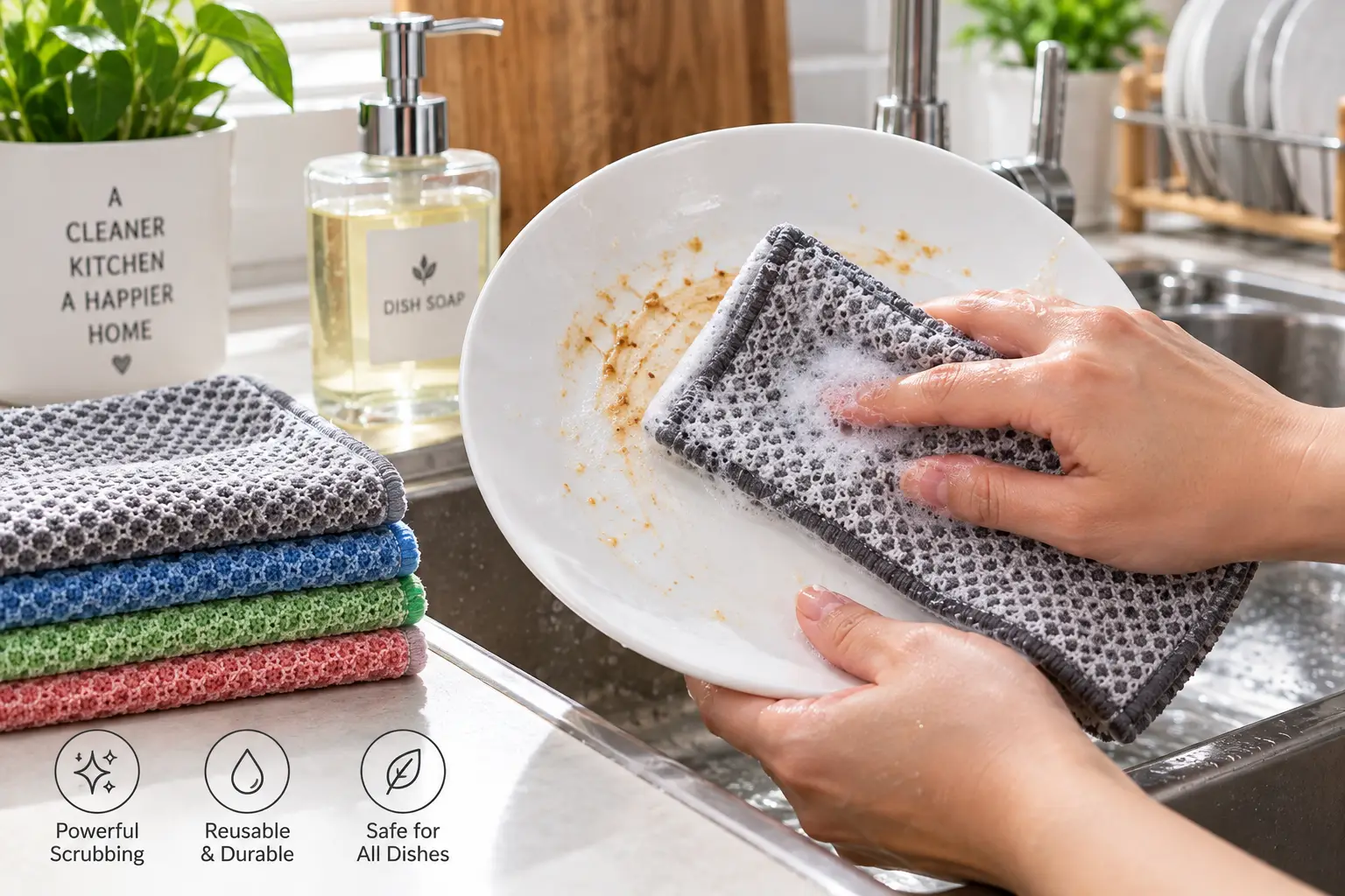 Scrubbing dish cloth used with soap to clean a dirty plate in a kitchen sink