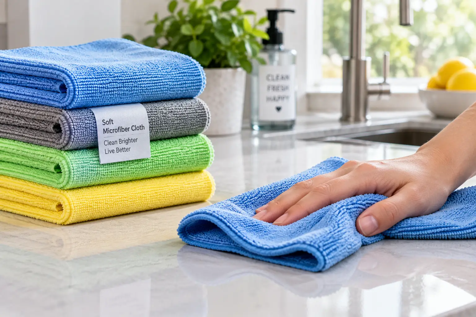 Soft microfiber cloths in blue, gray, green, and yellow used for cleaning a kitchen countertop