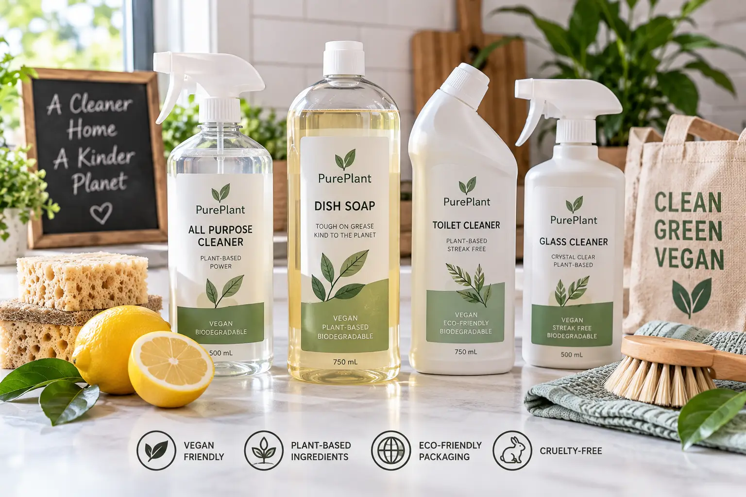 Vegan cleaning products with plant-based ingredients and eco-friendly packaging on a bright kitchen counter