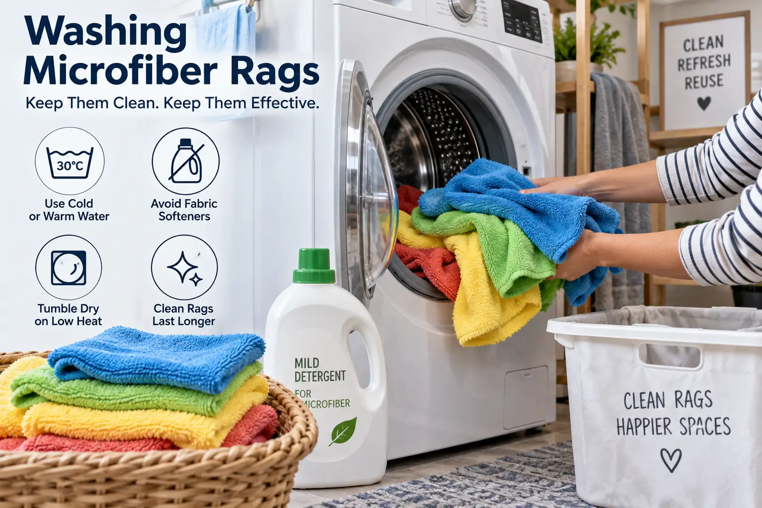 Washing microfiber rags in a front-loading washing machine with mild detergent and proper care instructions